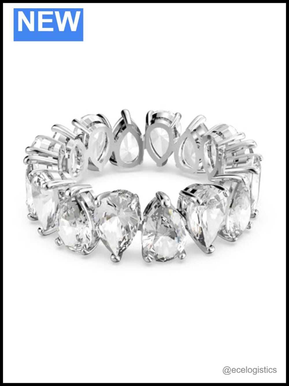 Pear Shaped Crystal Eternity Ring Prong Set Rhodium Finish Size 9